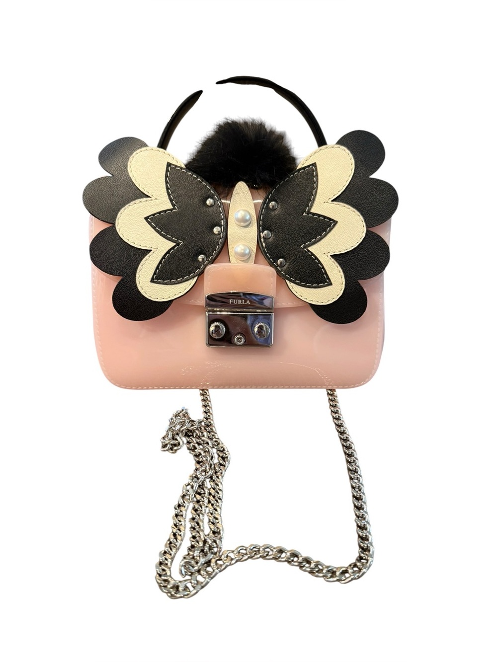 Furla Pink Crossbody with Black & Cream Butterfly Appliqué